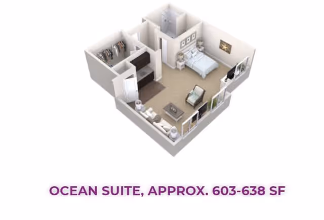3D floor plan of an Ocean Suite featuring a bedroom with a bed and nightstands, a living area with a sofa, armchair, coffee table, and TV, a closet, and a bathroom. The suite measures approximately 603 to 638 square feet.