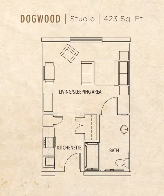 Floor plan of a studio apartment named Dogwood with 423 square feet, showing a living/sleeping area with a bed, chair, and table, a kitchenette with a sink and stove, and a bathroom with a sink, toilet, and bathtub.