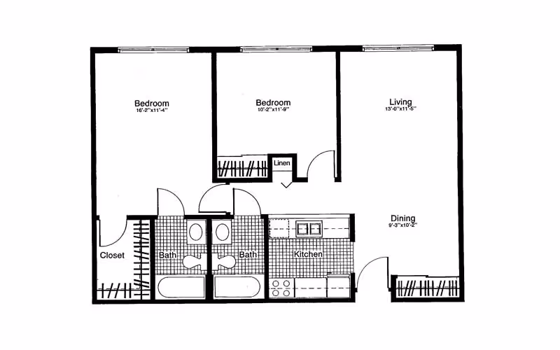 Black and white architectural floor plan of a two-bedroom apartment featuring two bathrooms, a kitchen, a dining area, and a living room. The bedrooms are labeled with dimensions, and closets and linen storage are indicated.