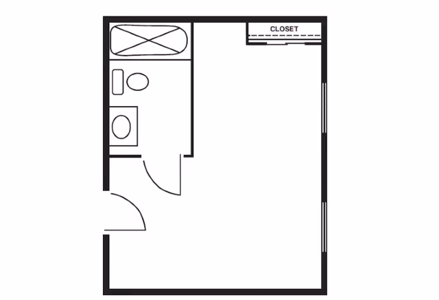 Black and white floor plan of a small living space featuring a bathroom with a bathtub, toilet, and sink, an entry door, and a closet in the main room.