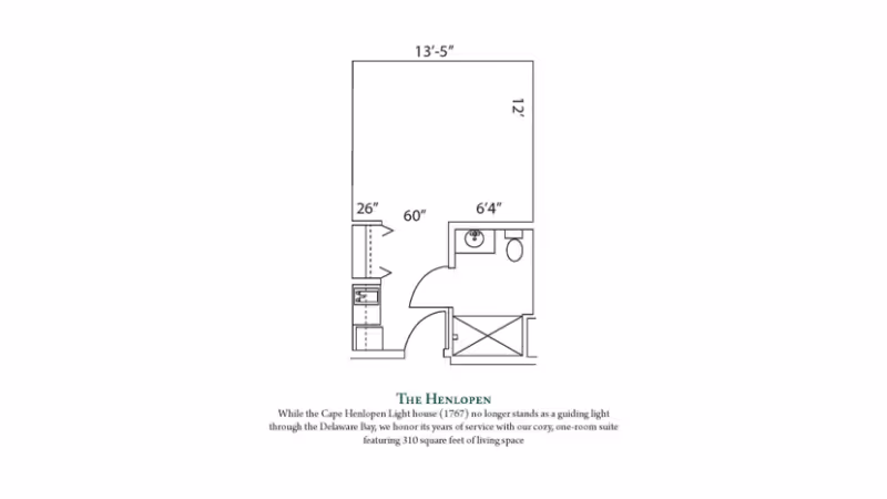 Black-and-white floor plan labeled "The Henlopen" showing a one-room suite layout with measurements, a kitchenette area and a bathroom.