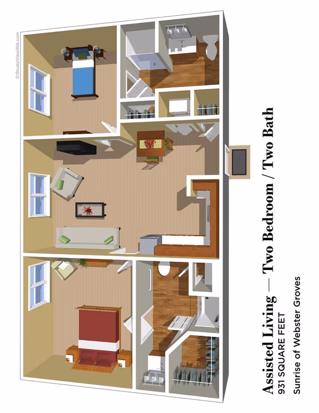 3D floor plan rendering of a two-bedroom, two-bath assisted living apartment showing living room, kitchen, dining area, bedrooms, bathrooms, and closets.