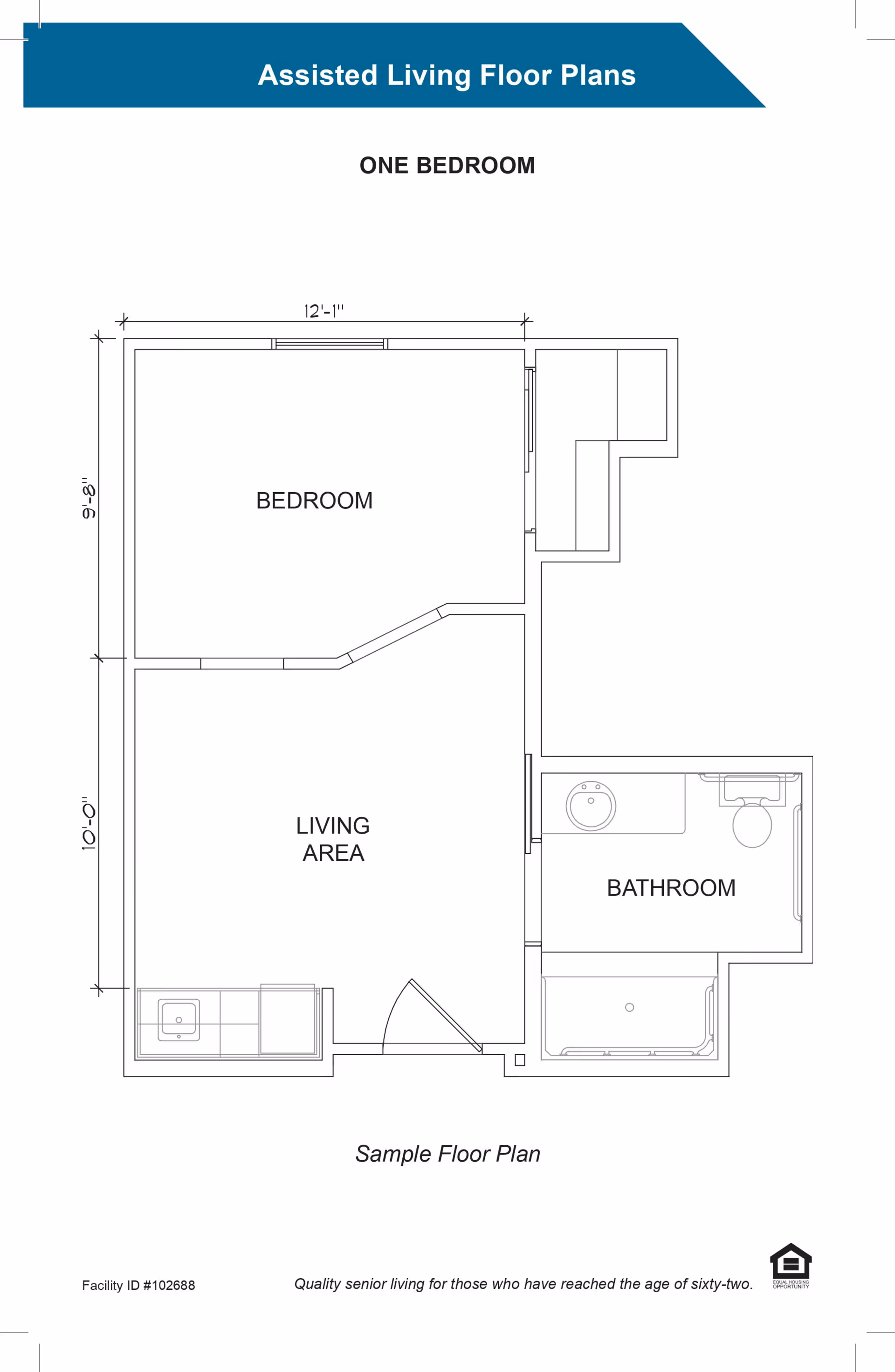 Architectural floor plan of a one-bedroom assisted living unit showing a bedroom, living area, bathroom, and a small kitchen area. Dimensions are marked for the bedroom and living area.