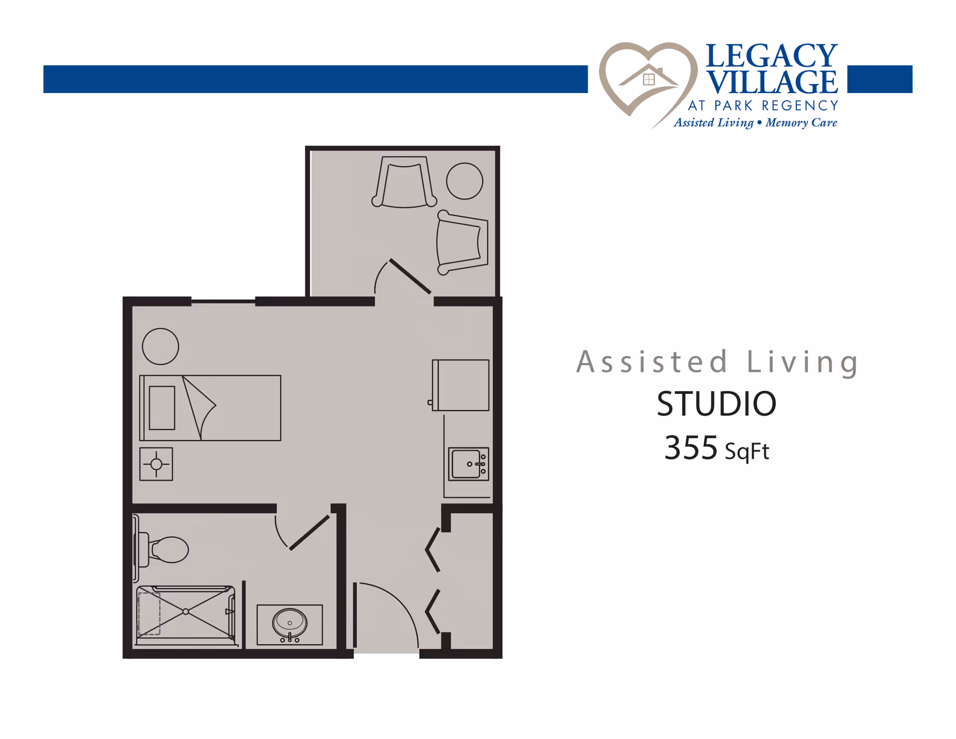 Floor plan of a 355 square feet assisted living studio apartment at Legacy Village at Park Regency, showing a combined living and sleeping area with a bed, nightstand, small kitchen area, bathroom with shower, toilet, and sink, and a small sitting area with two chairs and a table.