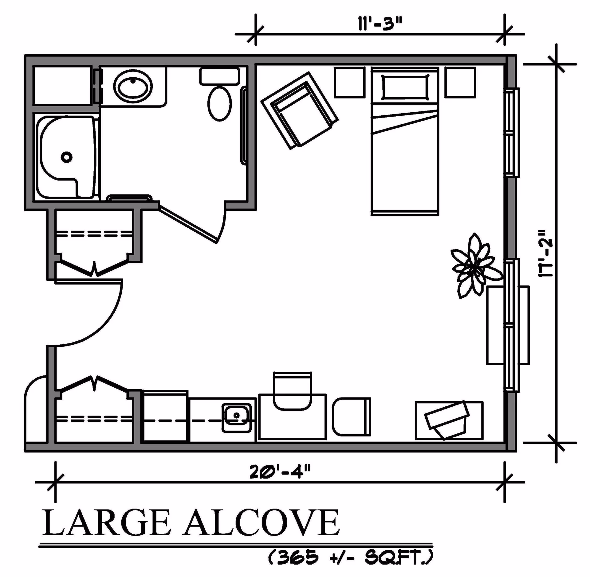 Black-and-white floor plan labeled "Large Alcove" (about 365 sq ft) showing a studio layout with a bed, seating, kitchenette, closets, and a bathroom with dimensions.
