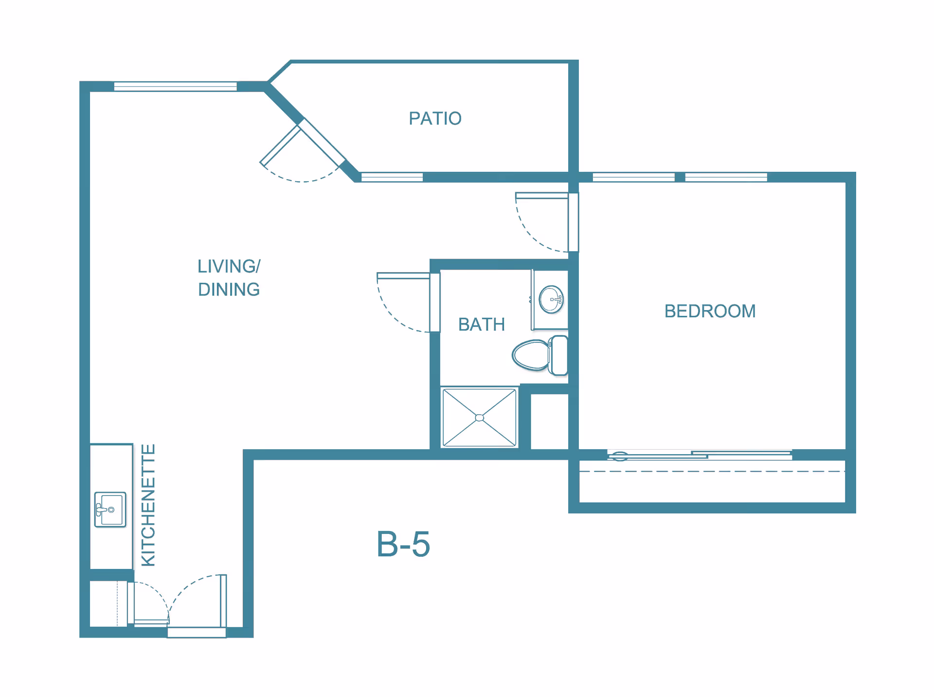 Floor plan of a one-bedroom apartment labeled B-5, featuring a bedroom, bathroom with shower, living/dining area, kitchenette, and a patio.