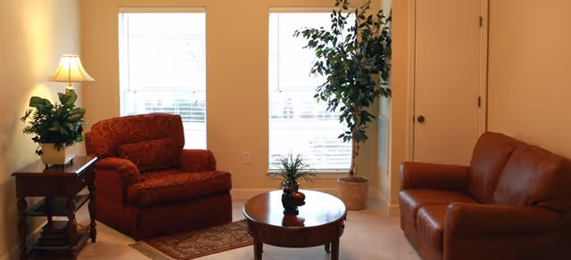A cozy living room with a red patterned armchair, a brown leather sofa, a round wooden coffee table with a small plant on it, a side table with a lamp and a potted plant, two large windows with blinds, and a tall potted tree in the corner.