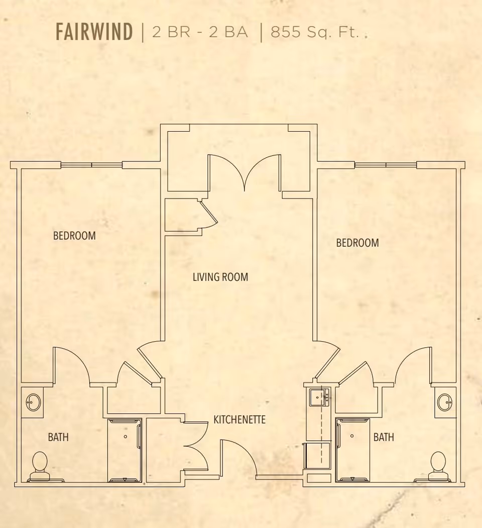 Floor plan labeled FAIRWIND showing a 2 bedroom, 2 bathroom layout with 855 square feet. The plan includes two bedrooms, two bathrooms, a living room, and a kitchenette.