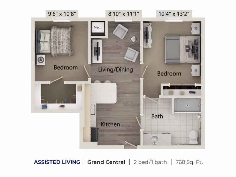 Floor plan of an assisted living apartment named Grand Central with 2 bedrooms and 1 bathroom, totaling 768 square feet. The layout includes two bedrooms, a living/dining area, a kitchen, and a bathroom. Dimensions for each bedroom and the living/dining area are shown.