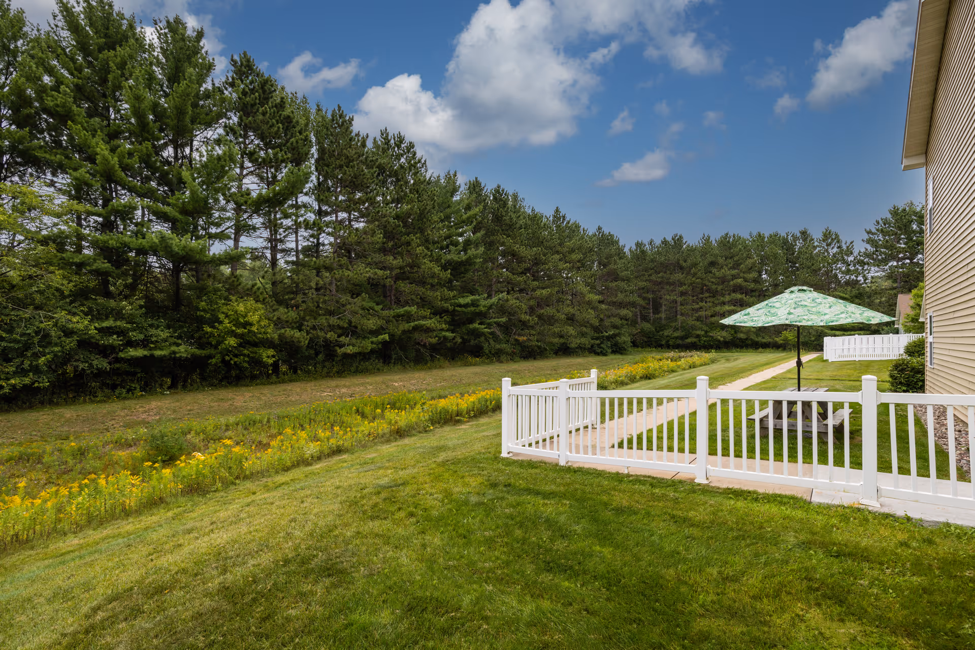 Outdoor area at Milestone Senior Living Rhinelander featuring a grassy lawn, a white fence, a concrete pathway, a picnic table with a green patterned umbrella, and a backdrop of tall pine trees under a partly cloudy blue sky.