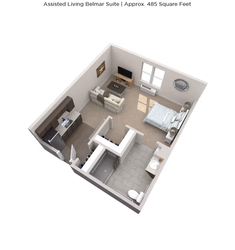 3D floor-plan rendering of a studio apartment with a bed, living area, kitchenette, and bathroom.