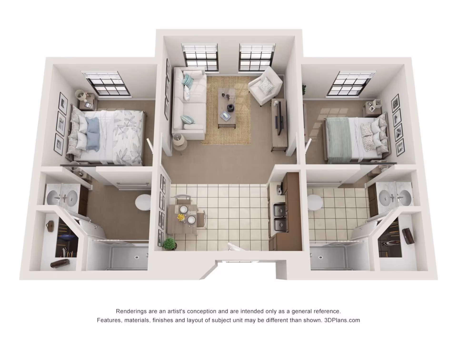 Top-down 3D floor plan of a two-bedroom apartment showing a central living room, kitchen/dining area, and two bathrooms.