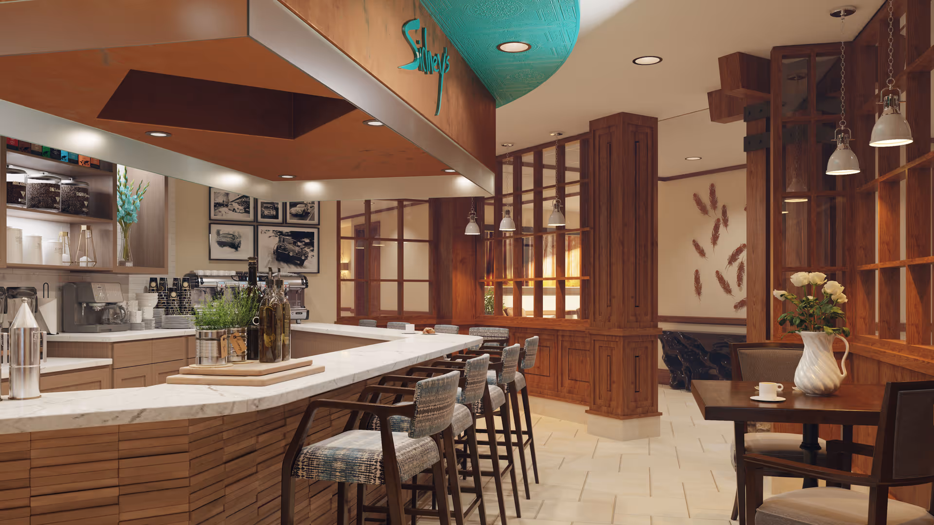 Bright, modern dining/cafe area with a marble-topped bar, barstools, tables, and warm wood accents.