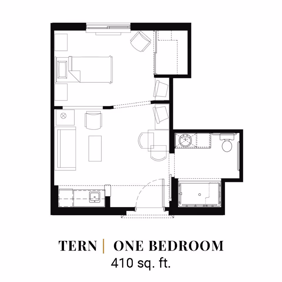 Floor plan of a one-bedroom apartment named Tern, measuring 410 square feet, showing a bedroom with a bed and nightstands, a living area with seating and a table, a kitchen area with a sink, and a bathroom with a toilet, sink, and shower.
