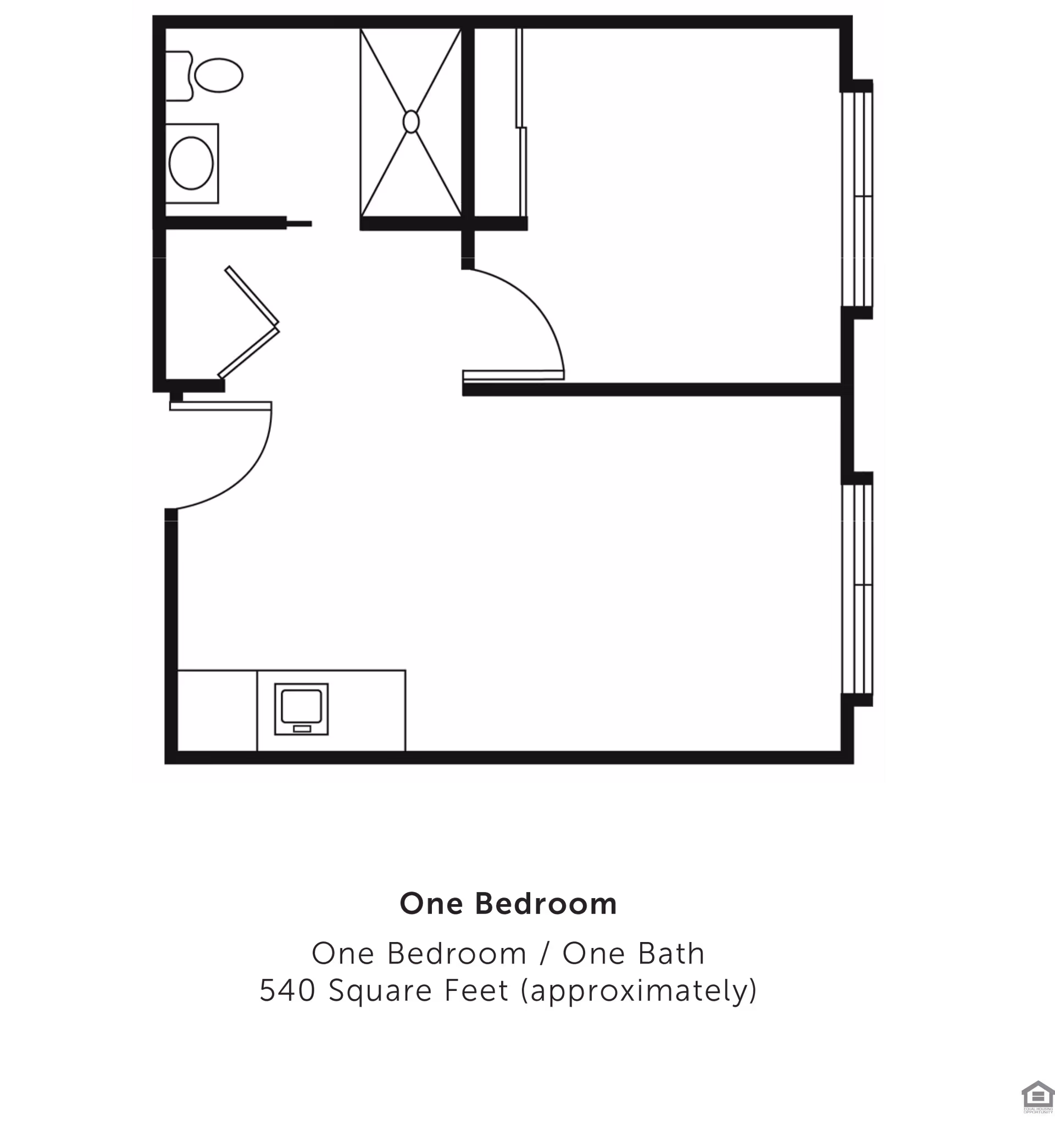 Floor plan of a one-bedroom, one-bath apartment with approximately 540 square feet. The layout includes a bathroom with a toilet and sink, a separate shower area, a bedroom, and a living space with a kitchenette.