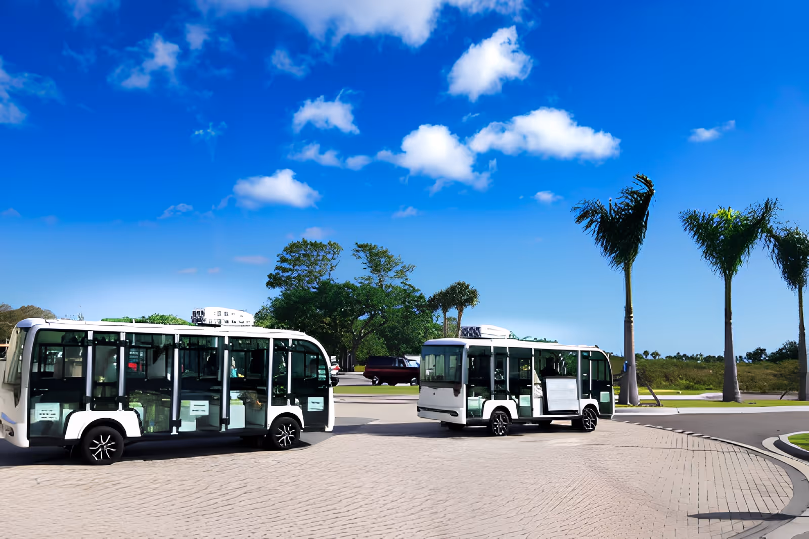 Two small white and black shuttle buses parked on a paved area with palm trees and green trees in the background under a bright blue sky with scattered clouds.