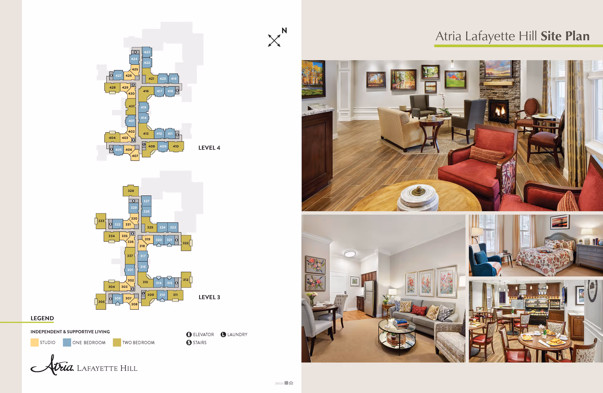 A site plan for Atria Lafayette Hill showing levels 3 and 4 with color-coded studio, one-bedroom, and two-bedroom units. The right side features four photos: a cozy living room with armchairs and a fireplace, a small dining area with a kitchen in the background, a bedroom with a floral bedspread and seating area, and a dining room with tables and chairs set for meals.