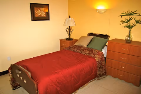 Small bedroom with a single bed dressed in a red comforter, a nightstand with a lamp, a dresser with a plant, and wall art on yellow walls.