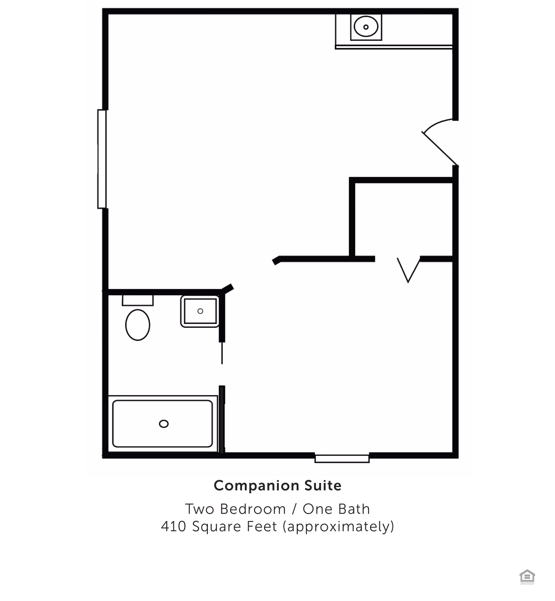 Floor plan of a companion suite at Trustwell Living at Hunters Crossing Place showing two bedrooms and one bathroom with approximately 410 square feet. The layout includes a bathroom with a toilet, sink, and bathtub, two separate bedroom areas, and a small kitchenette area with a sink.