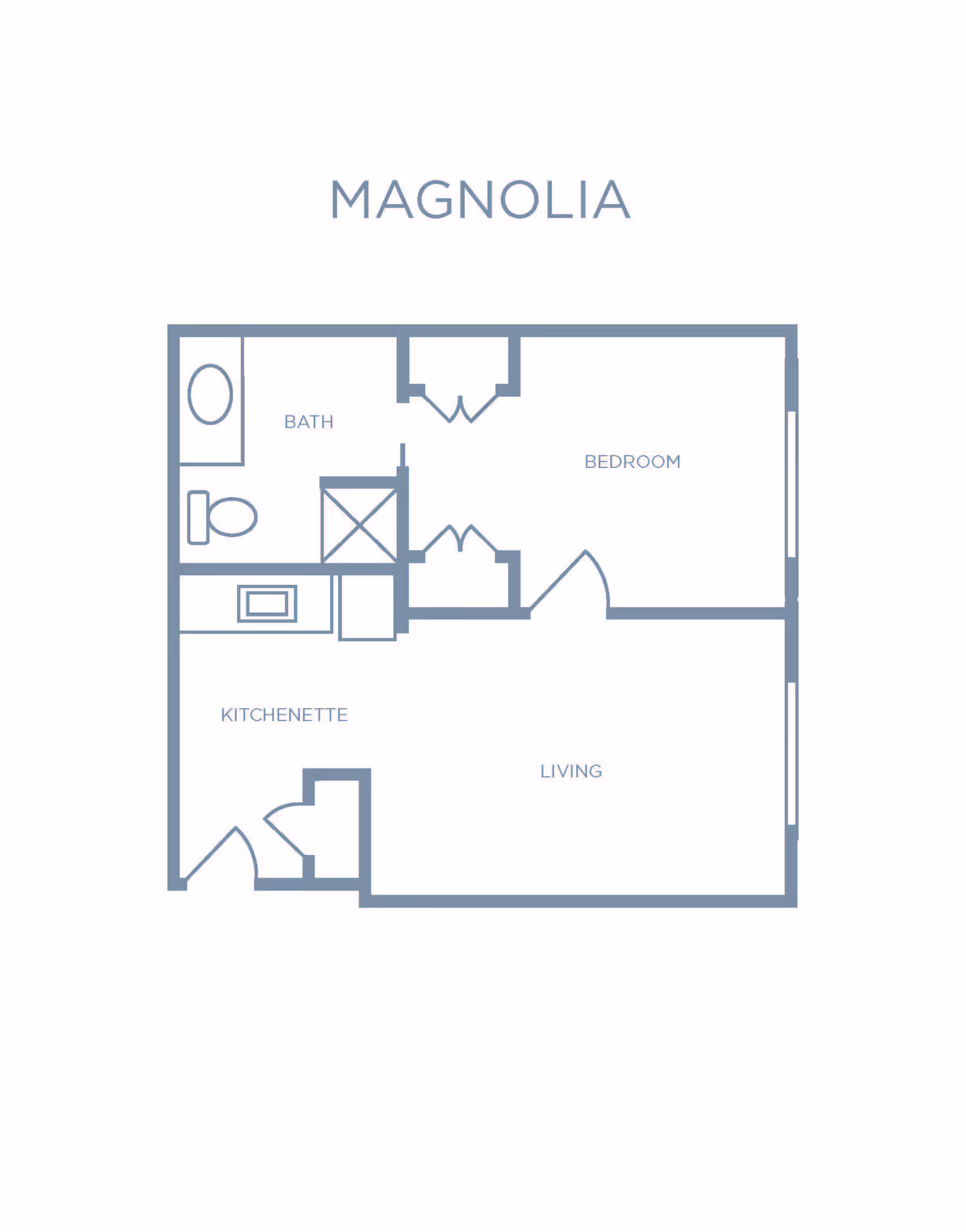 Floor plan labeled Magnolia showing a layout with a bedroom, bath, kitchenette, and living area.