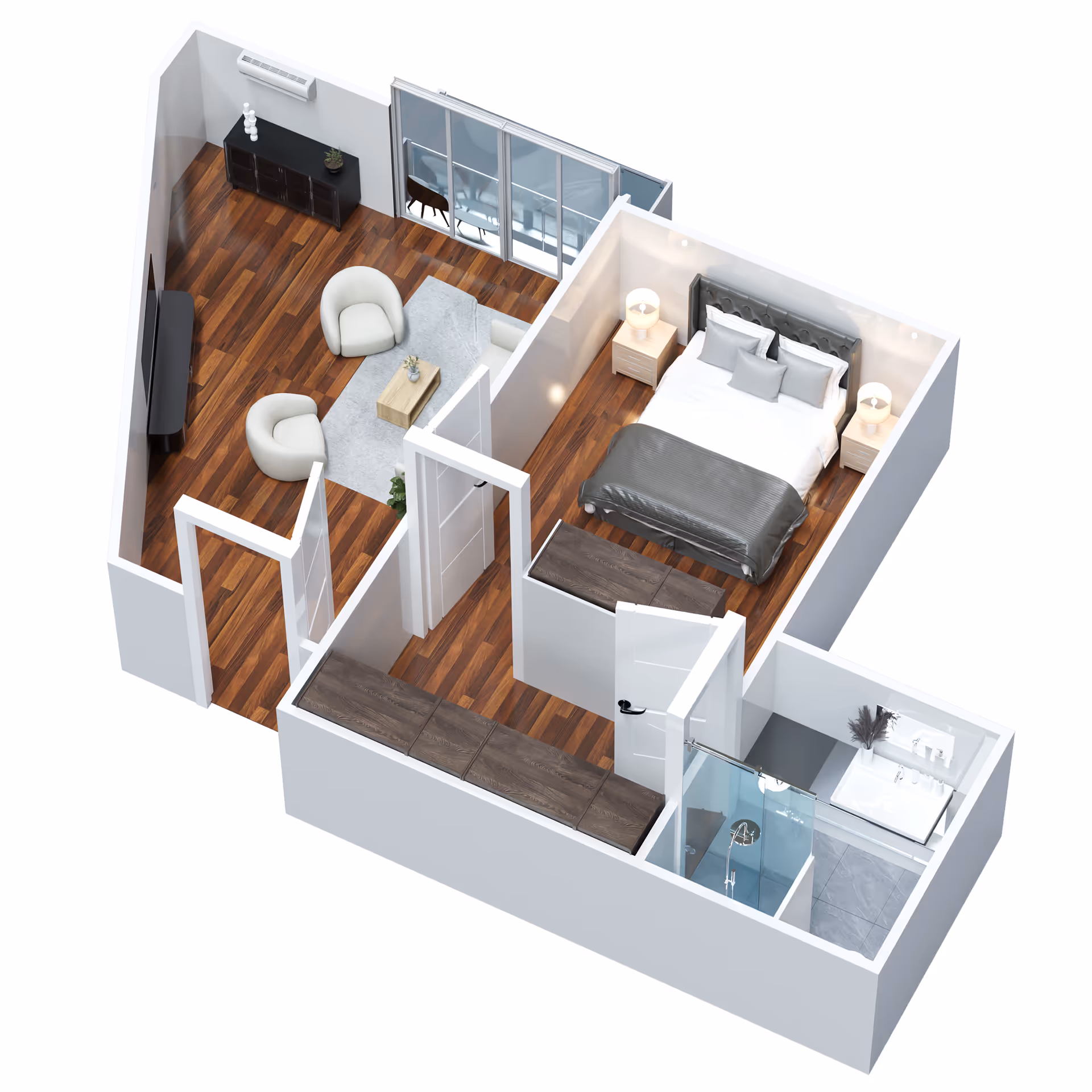 3D rendered floor plan of a one-bedroom apartment showing a living room with seating, a bedroom, a bathroom, and hallway closets.