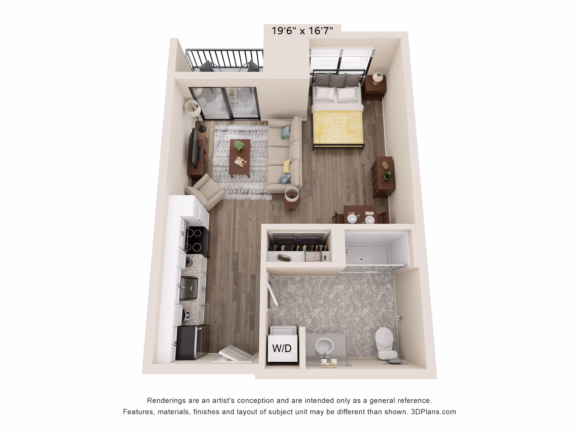 3D floor plan of a senior living apartment unit featuring a combined living room and kitchen area, a bedroom with a bed and nightstands, a bathroom with a shower, toilet, and sink, and a small balcony. The living room has a sofa, armchair, coffee table, TV, and a rug. The kitchen includes appliances and cabinetry along one wall. There is also a washer/dryer unit near the bathroom.
