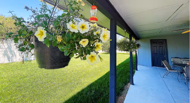 Outdoor covered patio with hanging flower baskets, blue exterior, chairs and table along a lawn.