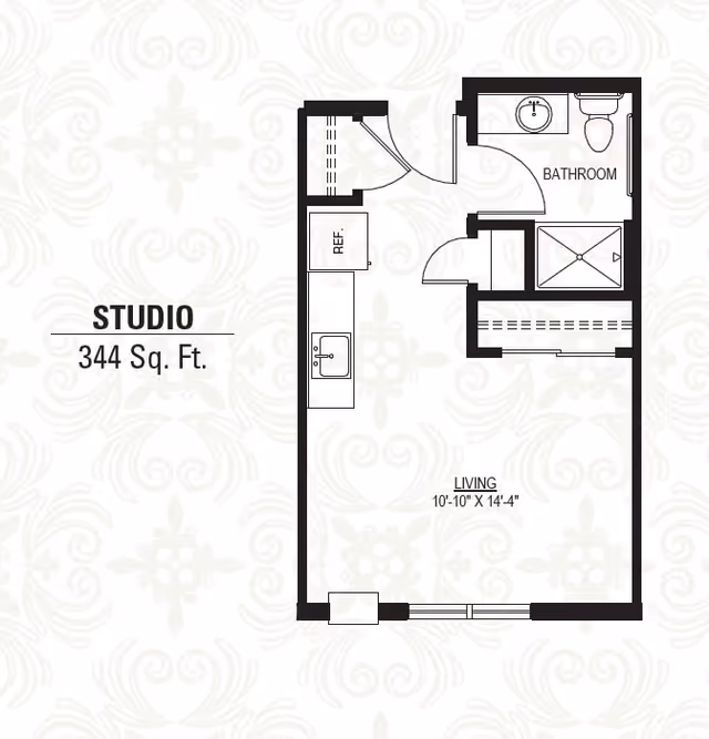 Floor plan of a studio apartment at Lincoln Village Senior Campus, showing a 344 square feet layout with a living area measuring 10 feet 10 inches by 14 feet 4 inches, a kitchen area with a refrigerator and sink, and a bathroom with a sink, toilet, and shower.