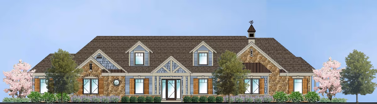 Front elevation rendering of a single-story stone-and-shingle building with dormer windows, central entrance, and landscaped trees and shrubs.
