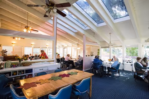 Sunlit communal dining area with skylights, tables, and senior residents seated and conversing.