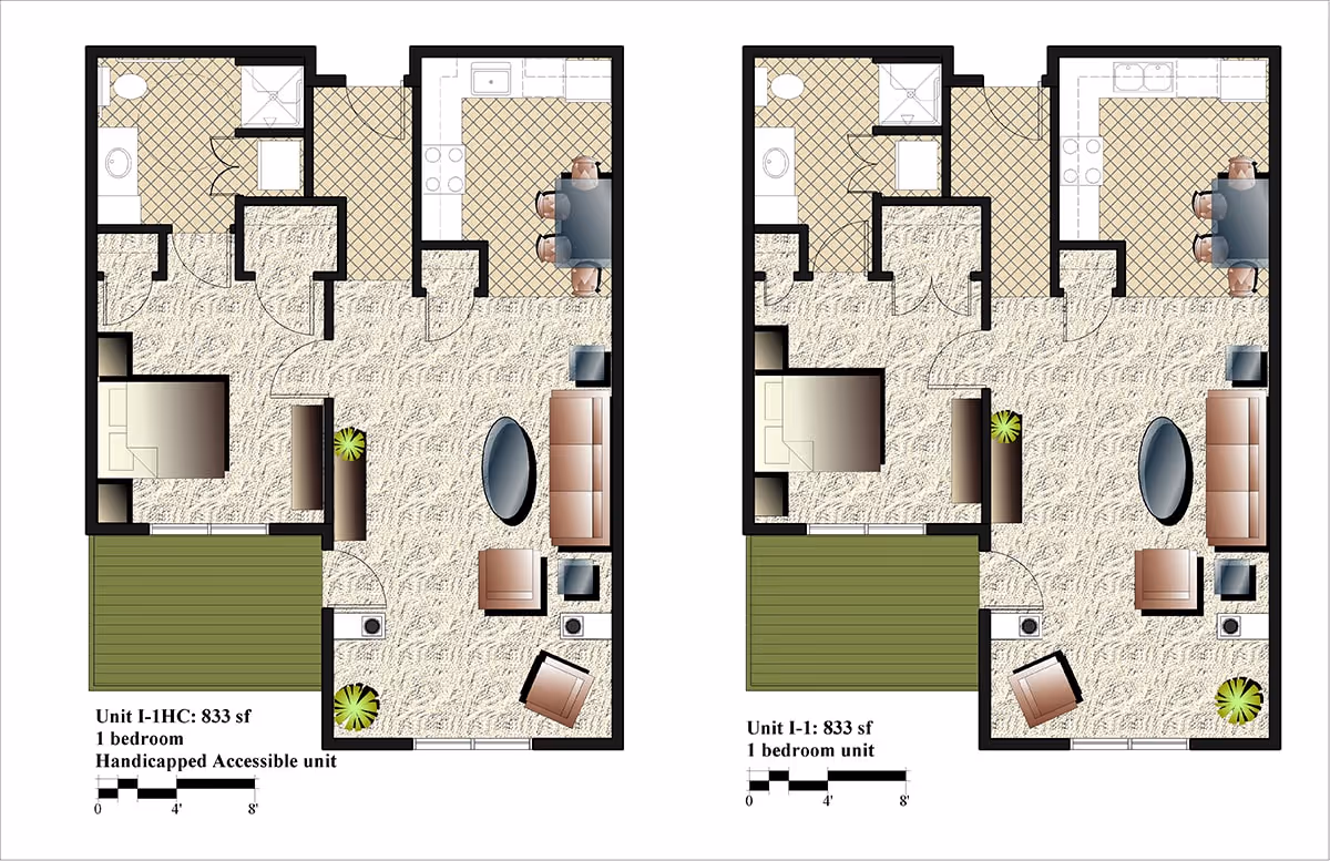 Architectural floor plans of two 1-bedroom units at Keystone Place at LaValle Fields, each 833 square feet. The left unit is a handicapped accessible layout, and the right unit is a standard 1-bedroom layout. Both include a bedroom, bathroom, kitchen with dining area, living room, and a small outdoor patio area.