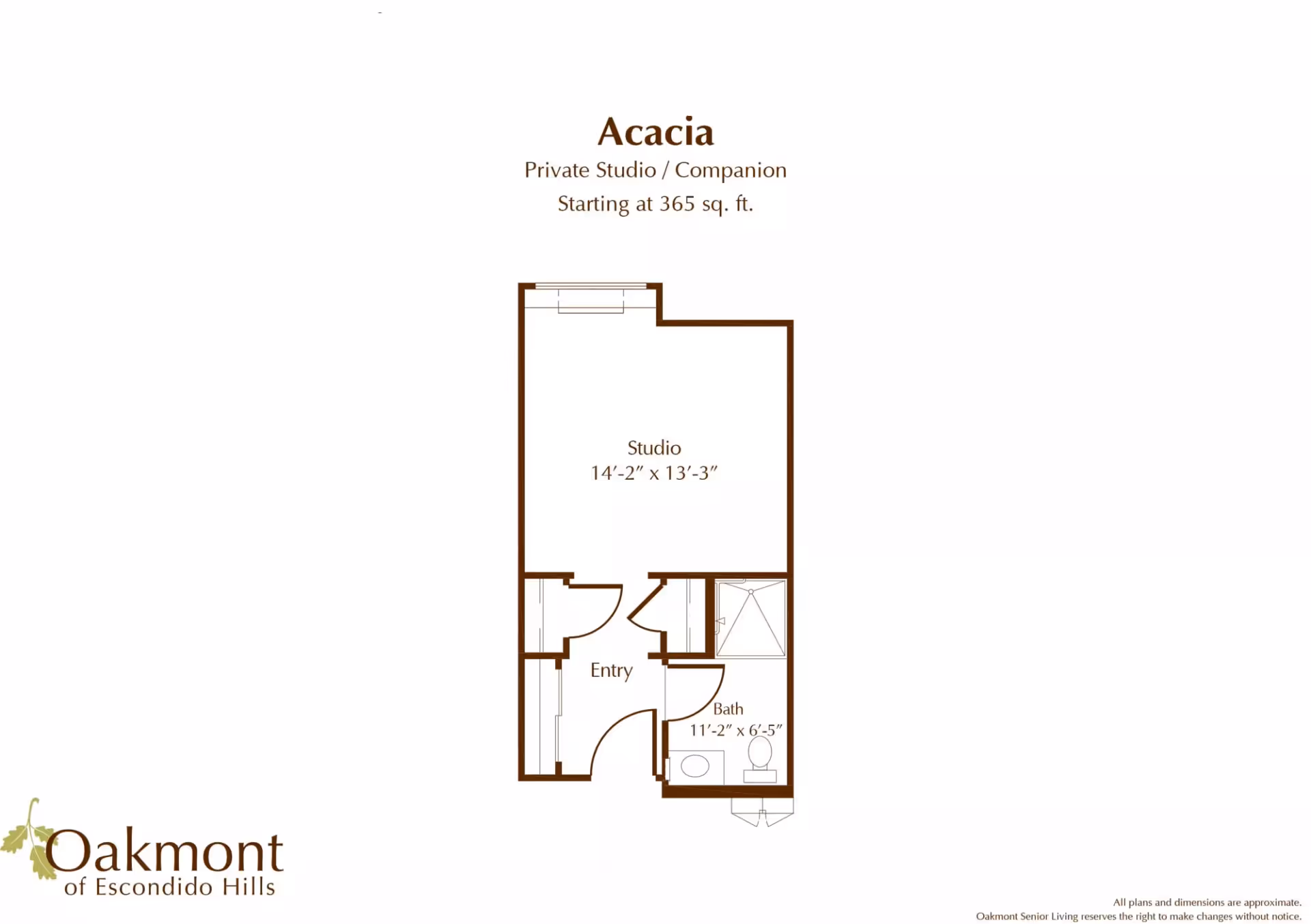 Floor plan for Acacia private studio/companion unit at Oakmont of Escondido Hills, showing a studio area measuring 14'-2" x 13'-3", an entry area, and a bathroom measuring 11'-2" x 6'-5".