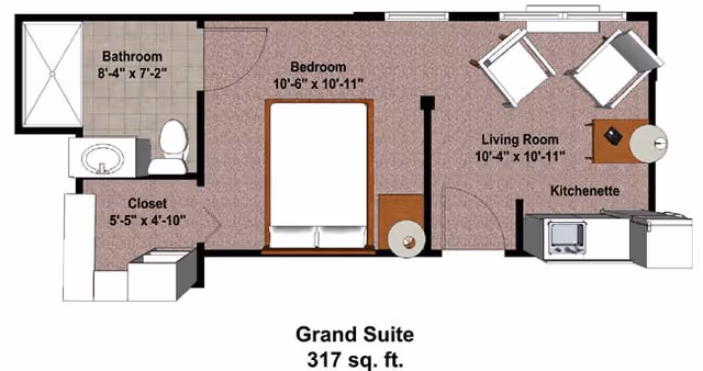 Floor plan of a Grand Suite at Bloom at German Church showing a 317 square feet layout with a bedroom, bathroom, closet, living room, and kitchenette. The bedroom measures 10 feet 6 inches by 10 feet 11 inches, the bathroom is 8 feet 4 inches by 7 feet 2 inches, and the closet is 5 feet 5 inches by 4 feet 10 inches. The living room is 10 feet 4 inches by 10 feet 11 inches and includes two chairs and a small table. The kitchenette has a microwave and sink.