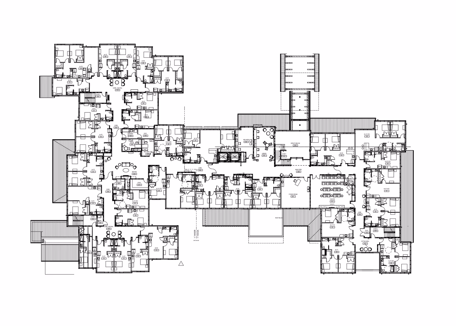 Architectural floor plan layout of The Chelsea at Greenburgh facility showing detailed room arrangements including bedrooms, bathrooms, common areas, fitness room, library, theater, and corridors.