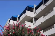 Concrete multi-story building with stacked balconies and a pink flowering tree in the foreground under a clear blue sky.