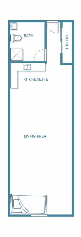 Floor plan of a studio apartment at Grand Court Westland showing a bath with toilet and shower, a kitchenette with sink and counter, a closet, and a living area with a bed.