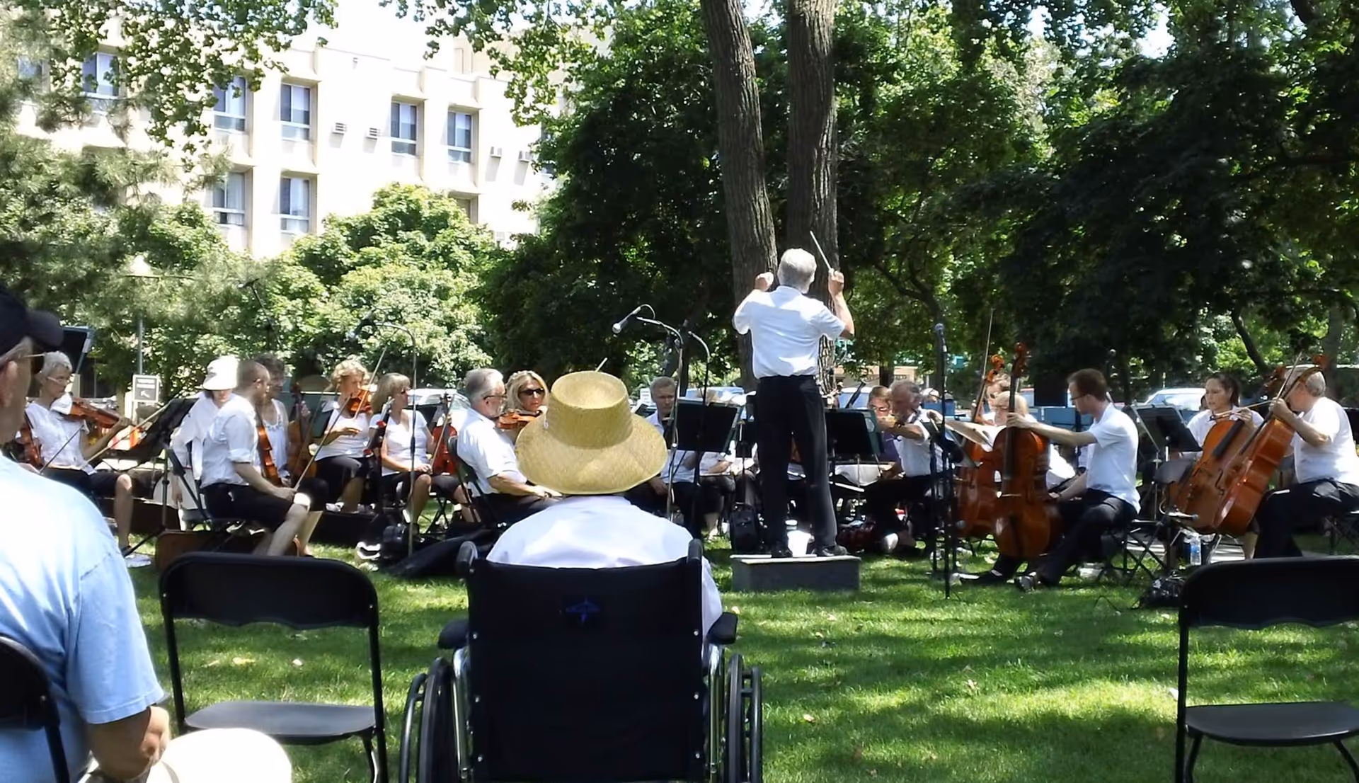 An outdoor orchestra performance in a park with a conductor leading musicians playing string instruments. Audience members, including a person in a wheelchair wearing a straw hat, are seated on chairs on the grass. Trees and a building are visible in the background.
