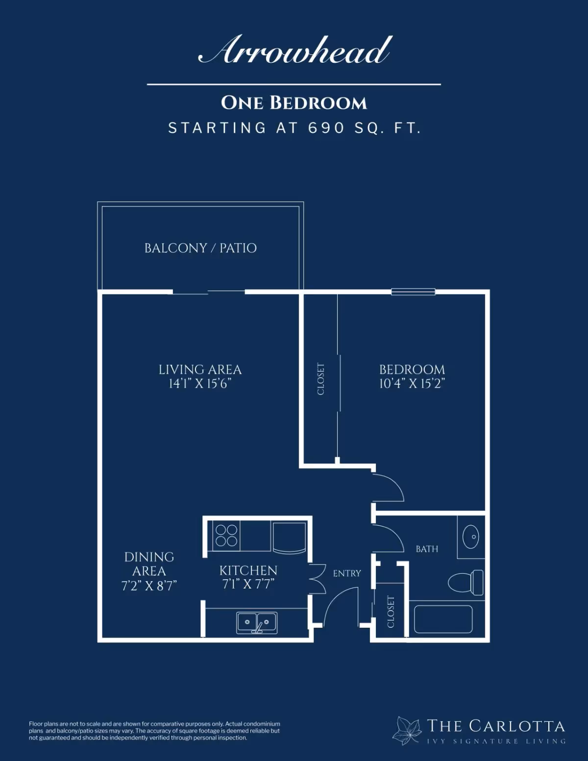 Blueprint-style floor plan for a one-bedroom apartment showing a living area, bedroom, kitchen, dining area, bath, and balcony/patio.