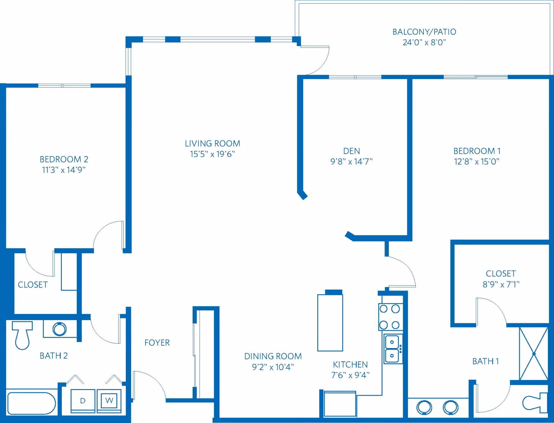 Architectural floor plan of a residential unit at Vi at Grayhawk showing two bedrooms, two bathrooms, a living room, dining room, kitchen, den, foyer, closets, and a balcony/patio with dimensions labeled for each room.