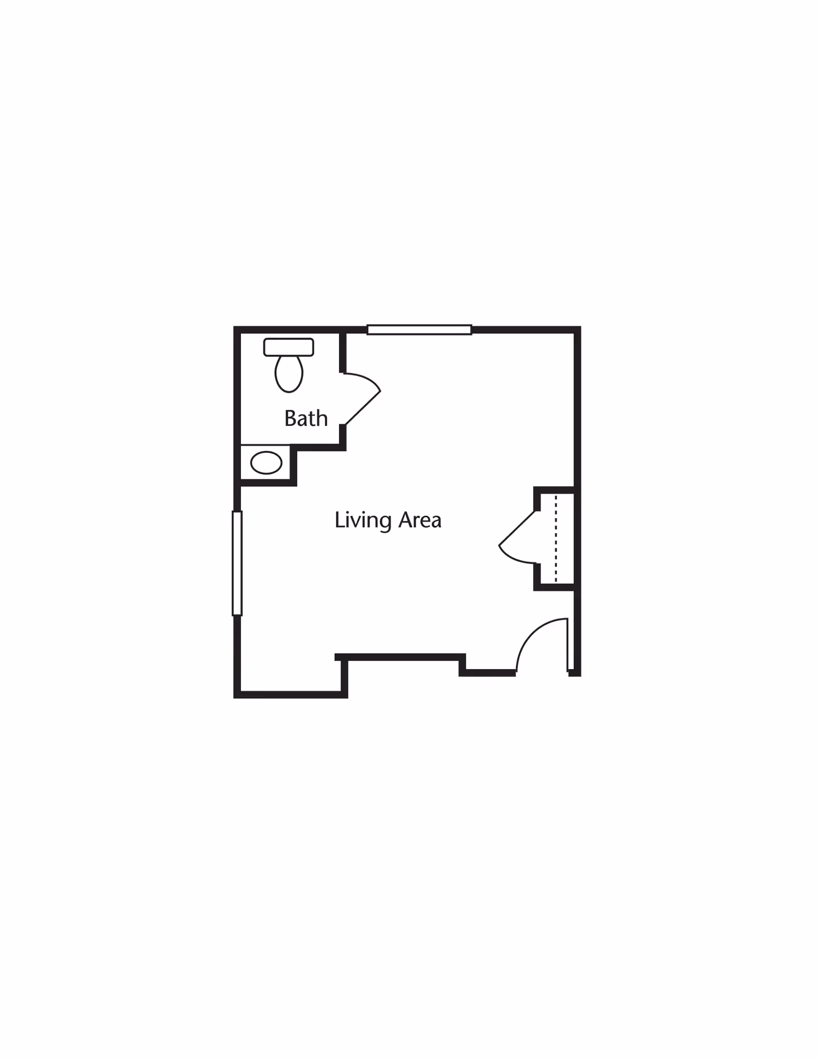 Simple floor plan showing a living area with an attached bathroom. The bathroom includes a toilet and a sink. The living area has two doors and a window.