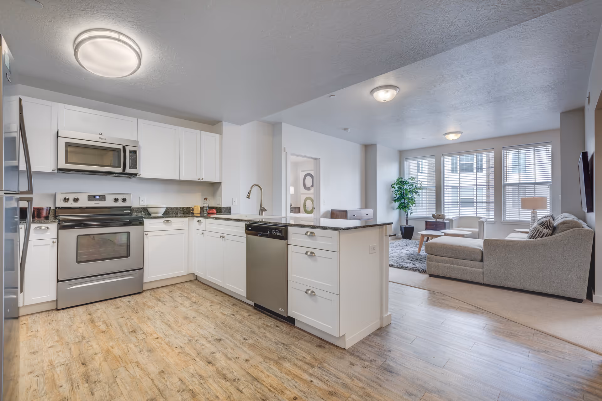 Open-plan kitchen with white cabinets, stainless steel appliances and an island opening into a bright living room.