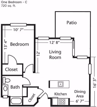 Floor plan of a one-bedroom apartment labeled 'One Bedroom - C' with 720 square feet. The layout includes a bedroom with a closet, a bathroom, a kitchen with an island, a dining area, a living room, and a patio. Dimensions are provided for each room.