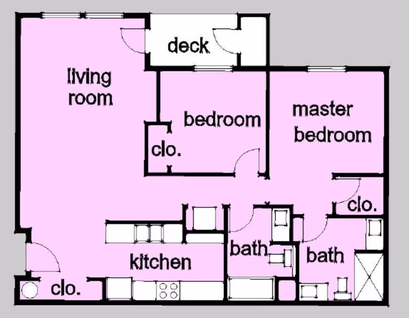 Floor plan of a residential unit at Huntington Place showing a living room, kitchen, two bedrooms including a master bedroom, two bathrooms, closets, and a deck.