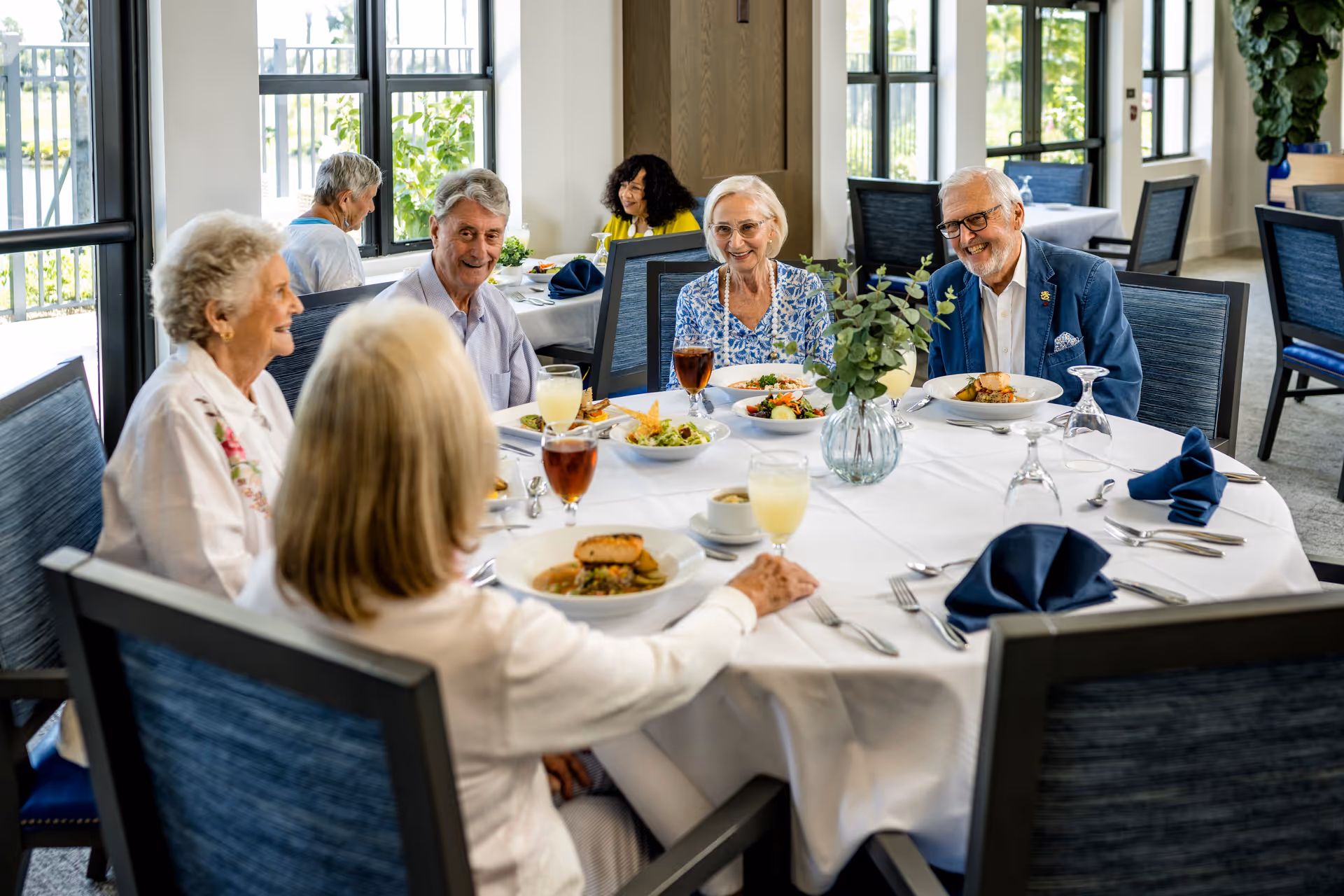 A group of elderly people sitting around a round dining table in a bright dining room, enjoying a meal together with plates of food and drinks in front of them. The room has large windows letting in natural light and blue cushioned chairs.