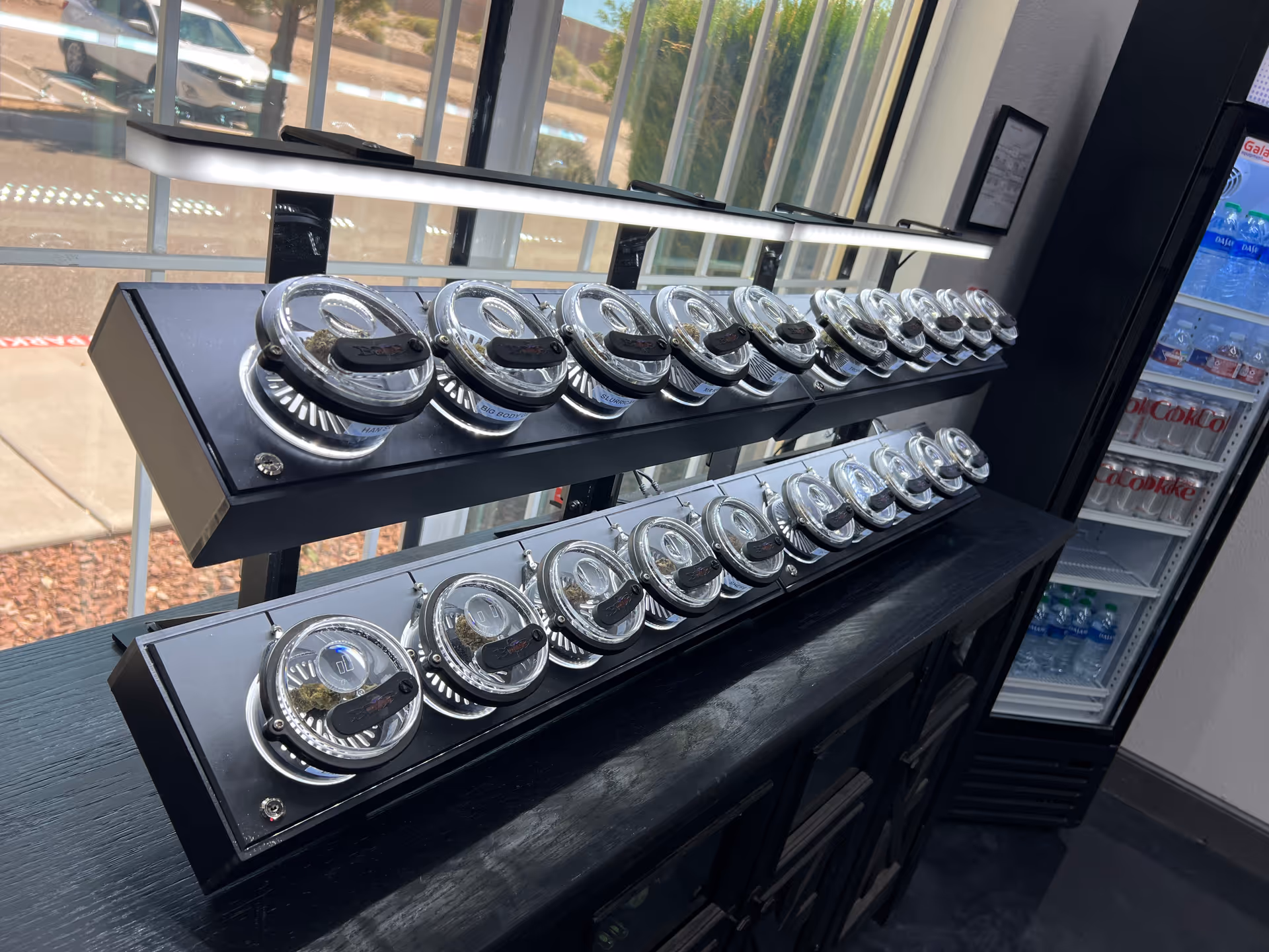 Two rows of small, round, clear containers with black lids arranged on black display stands inside a room with large windows. A refrigerator stocked with bottled water and soda cans is visible in the background.