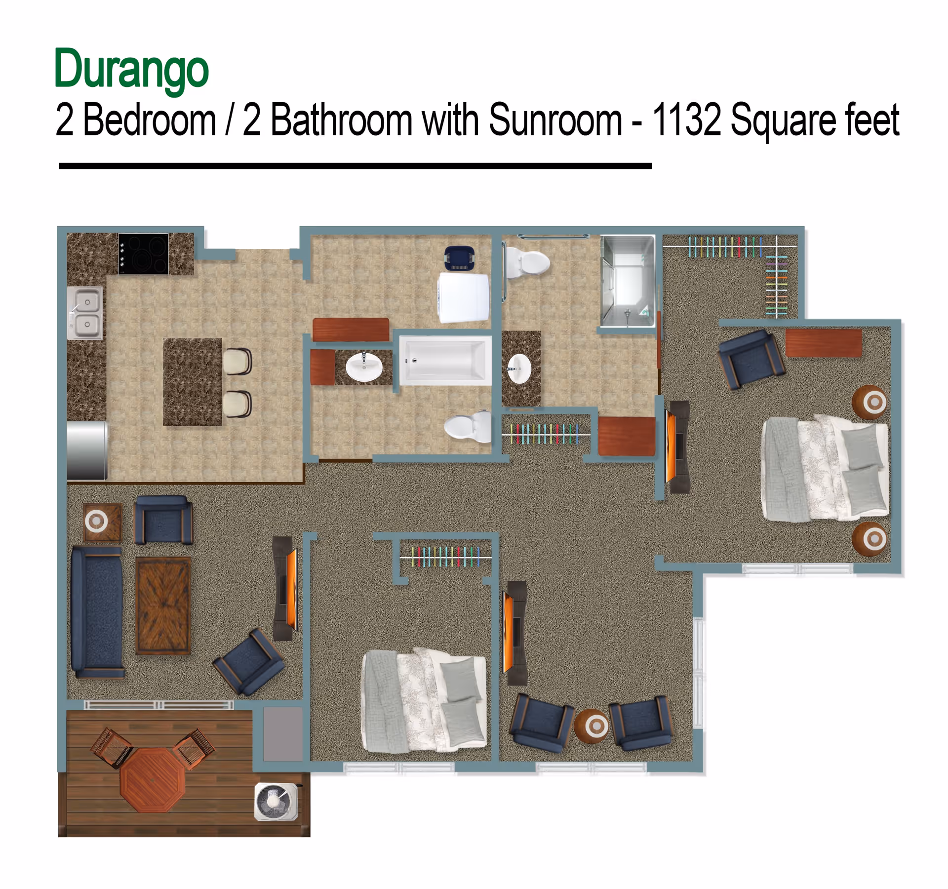 Floor plan of Durango unit showing 2 bedrooms, 2 bathrooms, a kitchen, living room, and a sunroom with a total area of 1132 square feet. The layout includes furniture placement such as beds, chairs, sofas, tables, and kitchen appliances.