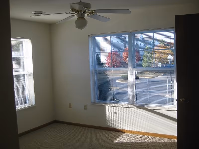 Empty room with beige carpet, white walls, a ceiling fan with light, and two windows with blinds partially open showing an outdoor view with trees and a building.