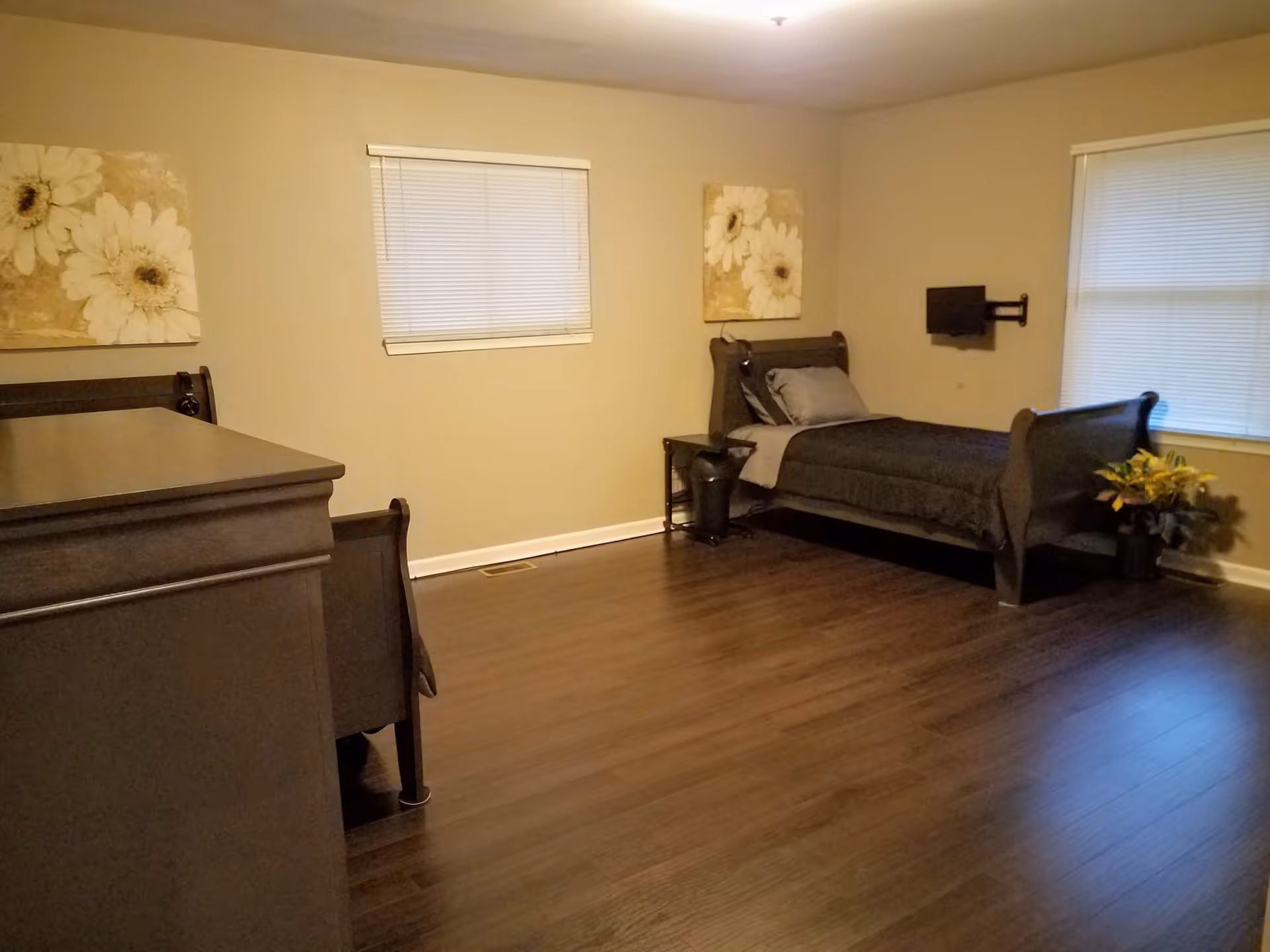 A simple bedroom with dark wooden furniture including a bed with dark bedding, a dresser, and a nightstand. The room has two windows with closed blinds, light beige walls, dark wood flooring, and two floral paintings on the walls. There is a small wall-mounted TV and a potted plant near one window.