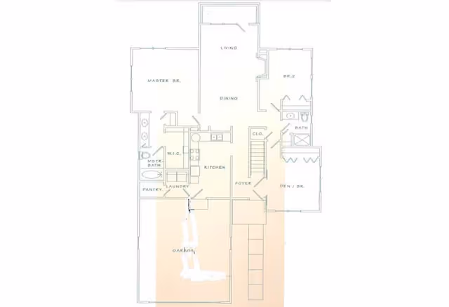 Architectural floor plan of a residential unit showing labeled rooms including master bedroom with master bath and walk-in closet, kitchen, pantry, laundry, living and dining area, second bedroom, bathroom, den/office, foyer, closet, and garage.