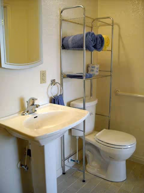 A small bathroom featuring a white pedestal sink with a chrome faucet, a wall-mounted mirror above the sink, a towel ring holding a blue hand towel, a white toilet with a metal shelving unit above it holding rolled towels and a box of tissues, and a grab bar on the wall next to the toilet.
